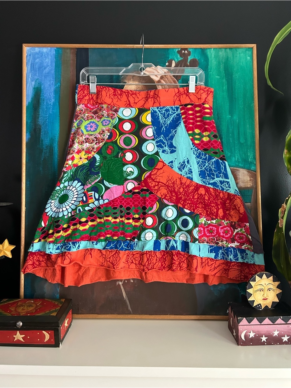 Desigual Y2K Patchwork A-Line Skirt Embroidered Art Print Boho Cotton L